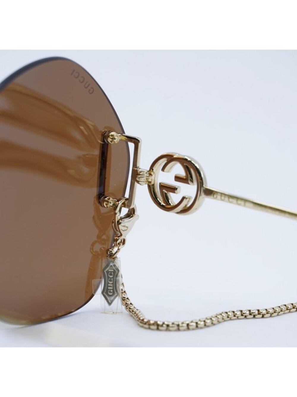 Gucci GG1203S 003 Sunglasses Gold Round Frame, Brown with Gold Chain Lenses - Picture 9 of 11